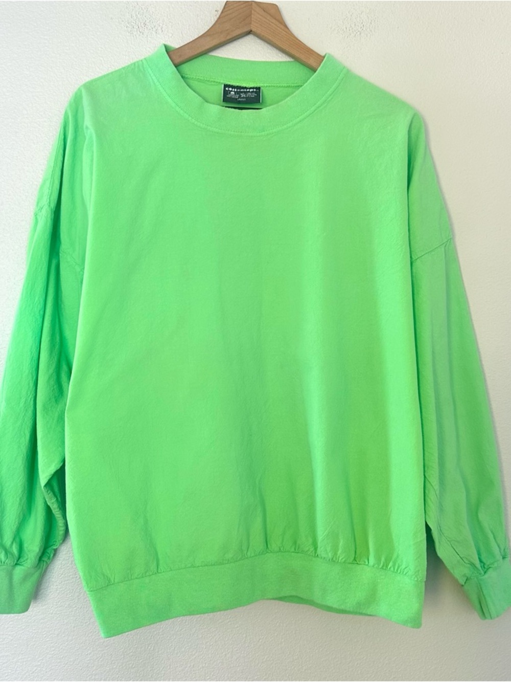 Vintage 80s 90s USA Made 100% Cotton Cottontops Long Sleeve Top Sz L Neon Green